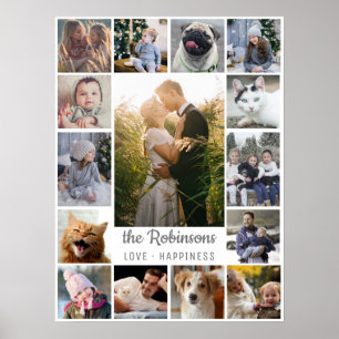 Family Photo Collage 15 Pictures + Name Grey White Poster