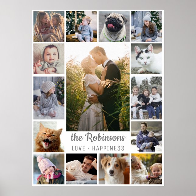 Family Photo Collage 15 Pictures + Name Grey White Poster (Front)