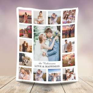 Family Photo Collage 15 Pictures + Name White Fleece Blanket
