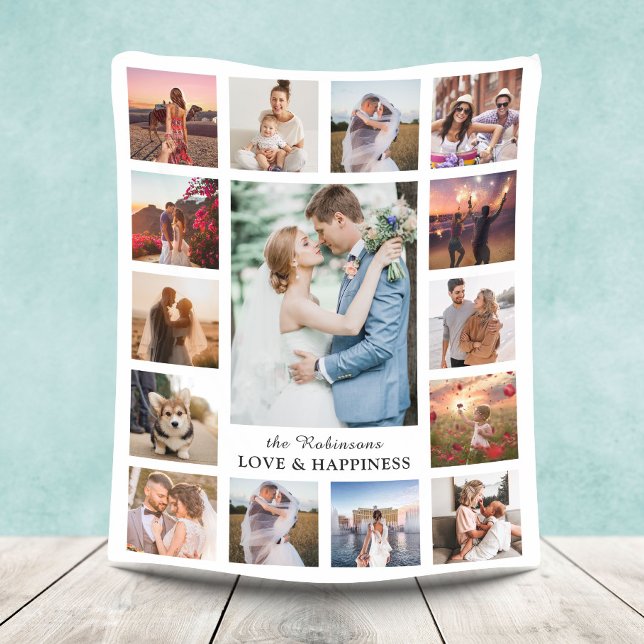 Family Photo Collage 15 Pictures + Name White Fleece Blanket (Creator Uploaded)