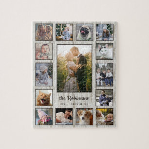 Family Photo Collage 15 Pictures Name Wood Grain Jigsaw Puzzle