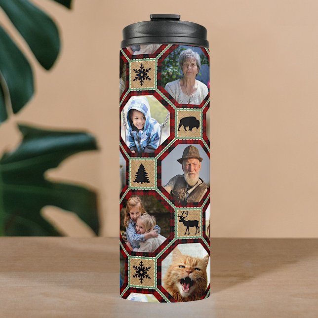 Family Photo Collage 15 Red Black Buffalo Plaid Thermal Tumbler (Creator Uploaded)