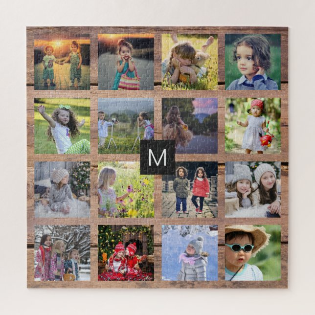 Family photo collage 16 photos on wood monogrammed jigsaw puzzle (Vertical)