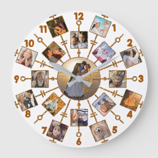 Family Photo Collage 17 Pictures Pretty White Gold Large Clock (Front)