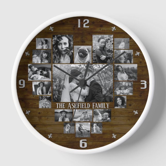 Family Photo Collage 20 B&W Heart Pics + Name Wood Clock (Front)