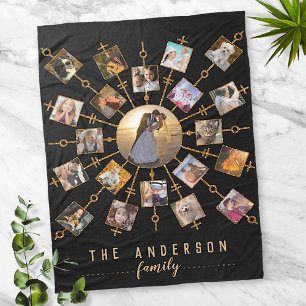 Family Photo Collage 21 Pictures Black Gold + Name Fleece Blanket