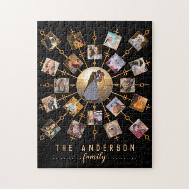 Family Photo Collage 21 Pictures Black Gold + Name Jigsaw Puzzle (Vertical)