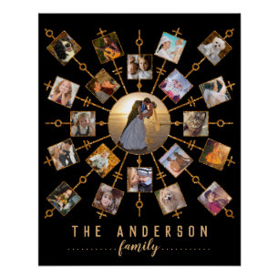 Family Photo Collage 21 Pictures Black Gold + Name Poster