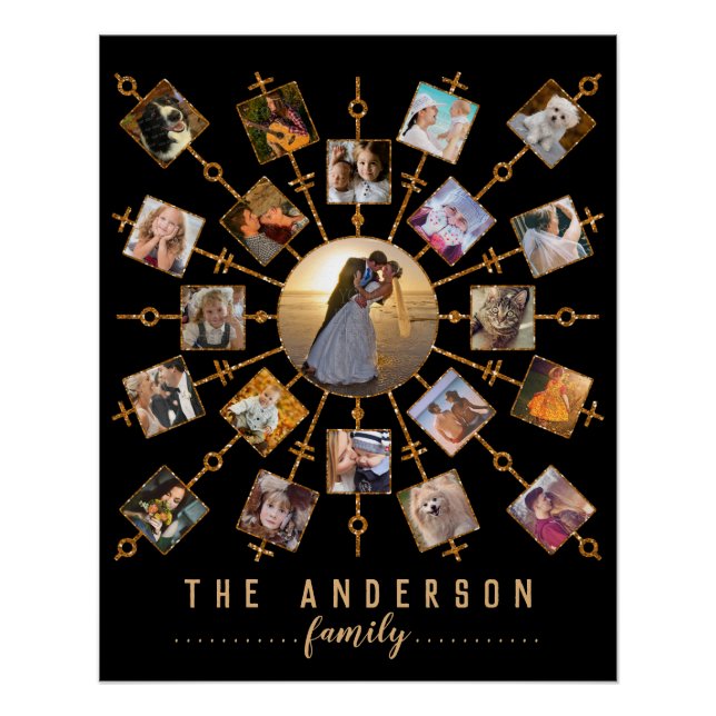 Family Photo Collage 21 Pictures Black Gold + Name Poster (Front)