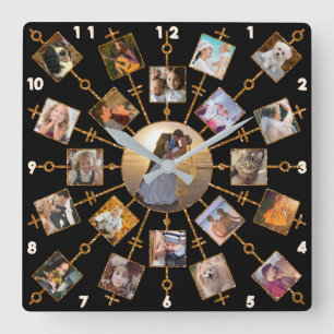Family Photo Collage 21 Pictures Pretty Black Gold Square Wall Clock