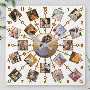 Family Photo Collage 21 Pictures Pretty White Gold Square Wall Clock