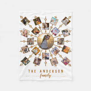 Family Photo Collage 21 Pictures White Gold + Name Fleece Blanket