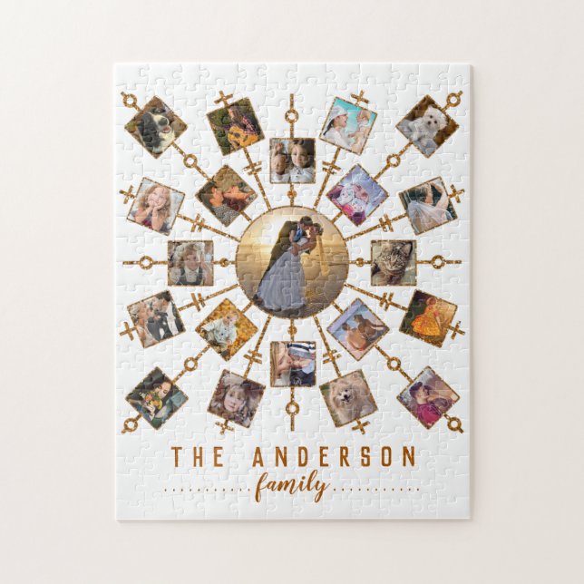 Family Photo Collage 21 Pictures White Gold + Name Jigsaw Puzzle (Vertical)