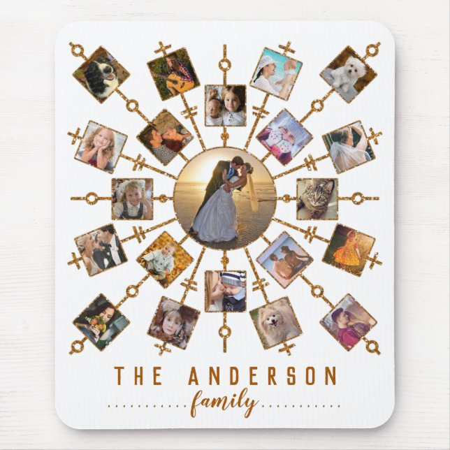 Family Photo Collage 21 Pictures White Gold + Name Mouse Pad (Front)
