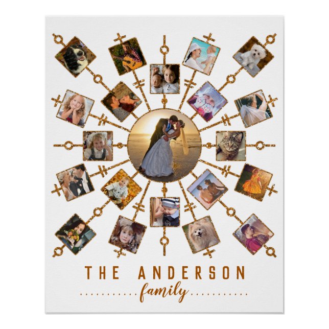 Family Photo Collage 21 Pictures White Gold + Name Poster (Front)