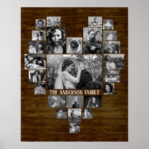 Family Photo Collage 25 B&W Heart Pics + Name Wood Poster