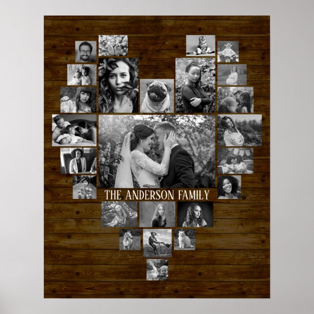 Family Photo Collage 25 B&W Heart Pics + Name Wood Poster (Front)