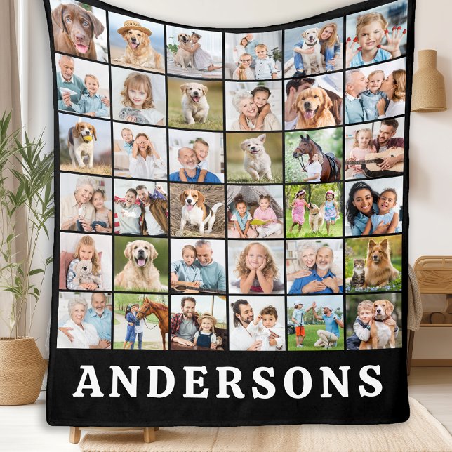Family Photo Collage 36 Picture Personalised Black Fleece Blanket (Creator Uploaded)
