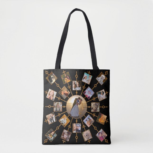 Family Photo Collage 42 Pictures Pretty Black Gold Tote Bag (Front)