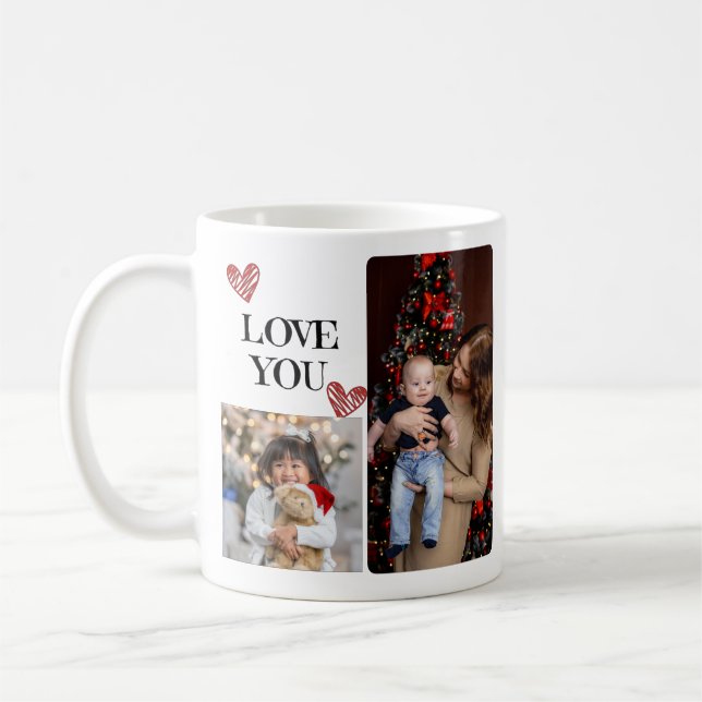 Family Photo Collage - 4 Photos and Custom Text Coffee Mug (Left)