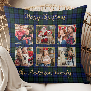 Family Photo Collage 6 Custom Modern Holiday Plaid Cushion