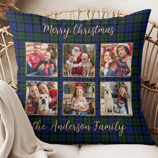 Family Photo Collage 6 Custom Modern Holiday Plaid Cushion (Creator Uploaded)