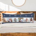 FAMILY Photo Collage 6 Picture Blue Body Cushion<br><div class="desc">Personalised long pillow with the word FAMILY lettered above your photos. The photo template is set up for you to add 6 of your favourite pictures, which are displayed in square format in a simple, strip style, photo collage. This smart and stylish custom piece of home decor, has a coastal...</div>