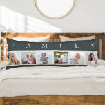FAMILY Photo Collage 6 Picture Slate Grey Body Cushion<br><div class="desc">Personalised long pillow with the word FAMILY lettered above your photos. The photo template is set up for you to add 6 of your favourite pictures, which are displayed in square format in a simple, strip style, photo collage. This smart and stylish custom piece of home decor, has a chic...</div>