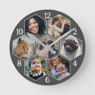 Family Photo Collage 7 Custom Grey Hexagon Flower Round Clock