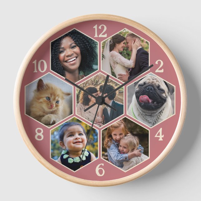 Family Photo Collage 7 Custom Pink Hexagon Flower Clock (Front)