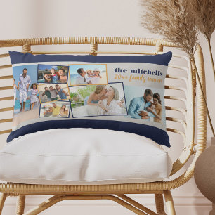 Family Photo Collage 7 Photos and Custom Text Blue Lumbar Cushion