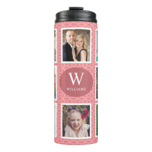 Family Photo Collage   8 Photos Pink Pattern Thermal Tumbler