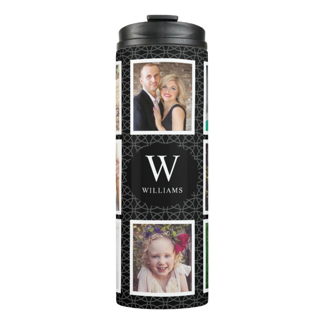 Family Photo Collage 8 Pictures Black Pattern Thermal Tumbler (Front)