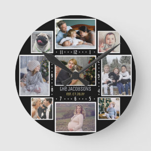 Family Photo Collage 9 Custom Pics Add Name Black Round Clock
