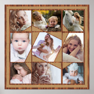 Family Photo Collage 9 Instagram Pics Wood Burlap Poster