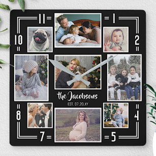 Family Photo Collage 9 Pic Black White Stripe Name Square Wall Clock