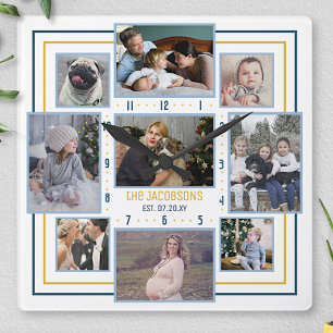 Family Photo Collage 9 Pic Name Blue Yellow Stripe Square Wall Clock