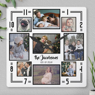 Family Photo Collage 9 Pic White Black Stripe Name Square Wall Clock