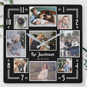 Family Photo Collage 9 Pics Name Black Striped Mod Square Wall Clock