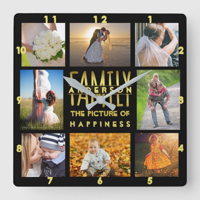 Family Photo Collage Add Name Template Gold Black Square Wall Clock (Front)