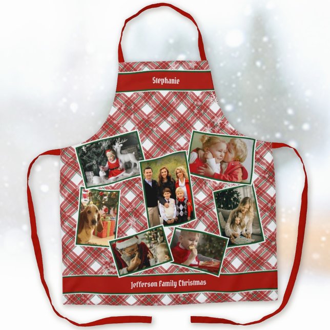 Family Photo Collage and Name Christmas Plaid Apron (Family Photo Collage, Name Template, Christmas Plaid, Holiday Apron)