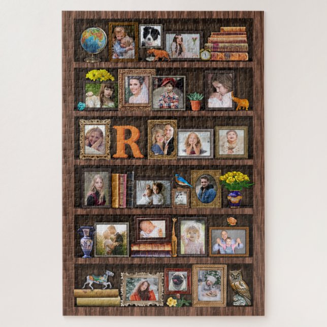 Family Photo Collage Antique Bookcase Custom Large Jigsaw Puzzle (Vertical)