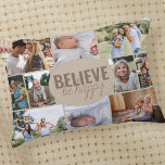 Family Photo Collage Believe Be Happy Quote Beige Decorative Cushion<br><div class="desc">Photo Collage Pillow with 10 of your favourite photos. The wording in the centre reads "believe be happy" and is lettered in bold typography and casual, skinny font script. The photo template is set up for you to add 10 pictures, which are displayed in landscape, square and portrait pictures to...</div>