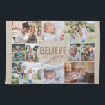 Family Photo Collage Believe Quote Neutral Beige Tea Towel<br><div class="desc">Photo Collage Kitchen Towel with 10 of your favourite photos. The wording in the centre reads "believe be happy" and is lettered in bold typography and casual, skinny font script. The photo template is set up for you to add 10 pictures, which are displayed in landscape, square and portrait pictures...</div>