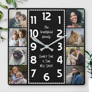 Family Photo Collage Black and White Art Deco Easy Square Wall Clock