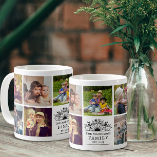 Family Photo Collage Black and White Rustic Flower Coffee Mug