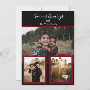 Family Photo Collage Black Burgundy White Script  Holiday Card