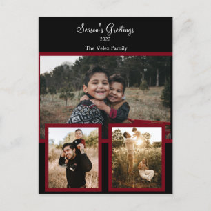 Family Photo Collage Black Burgundy White Script Holiday Postcard