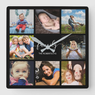 Family Photo Collage Black Custom Square Wall Clock