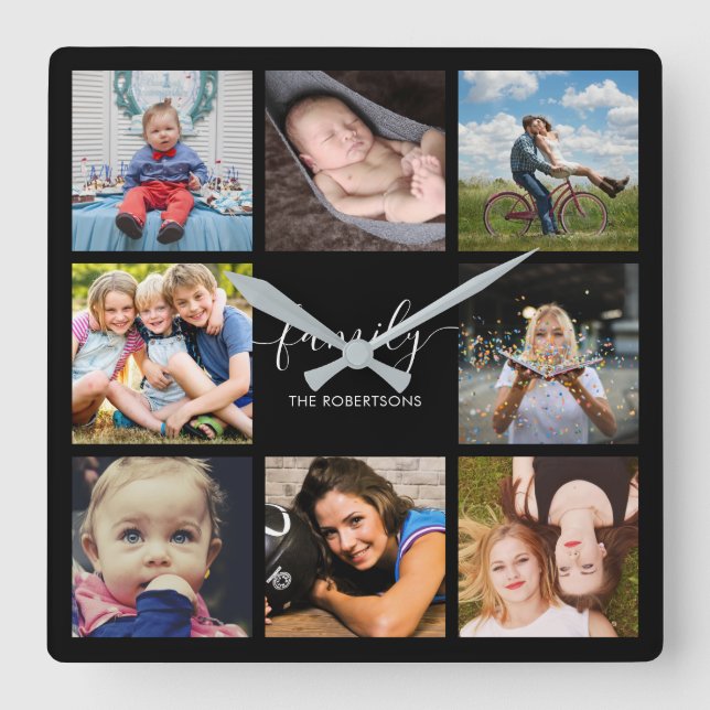 Family Photo Collage Black Custom Square Wall Clock (Front)